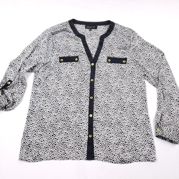 Jones New York‎ Top Womens Size 14 Black White Leopard Print Button Up Roll Tab - Picture 1 of 12